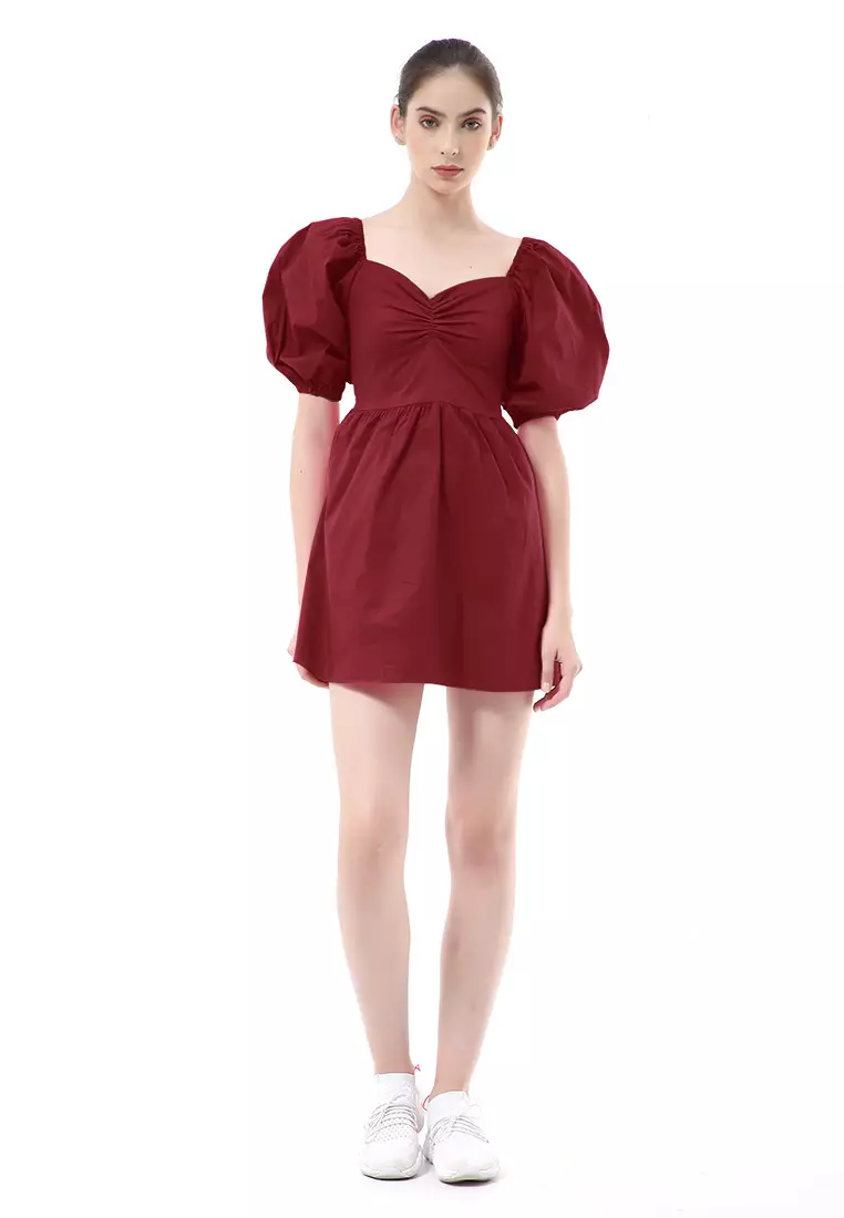 Rachel Dress Wanita Ballerina Pluffy Baloon Sleeve Simple Elegant Material Cotton ORIGINAL - Maroon