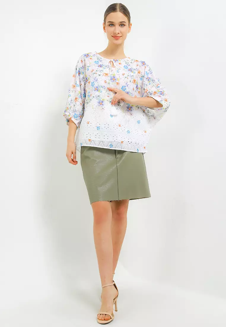 Print Eyelet Blouse W/ Tassels