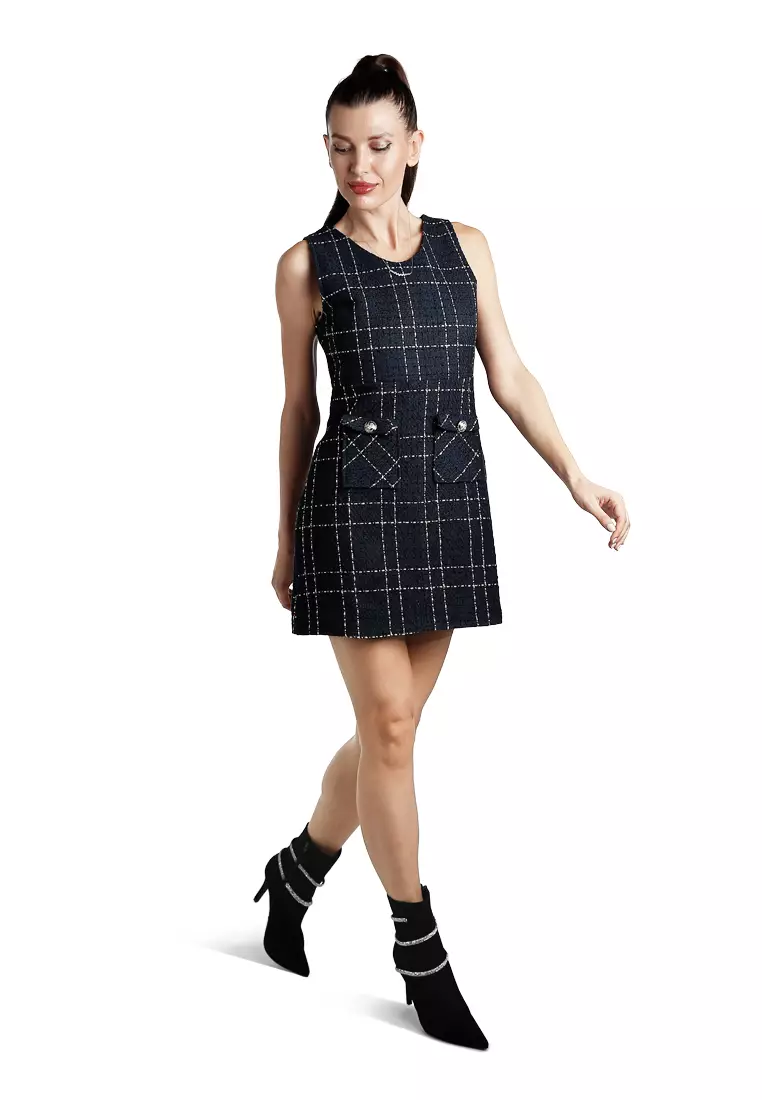 海軍藍無袖梭織有蓋口袋迷你連身裙