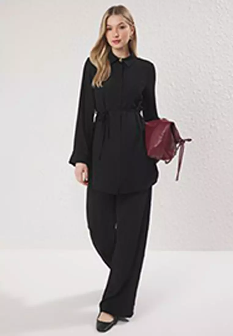Black Gold Button Detail Aerobin Shirt-Pants Woven Bottom-Top Set TCTSS25US00034