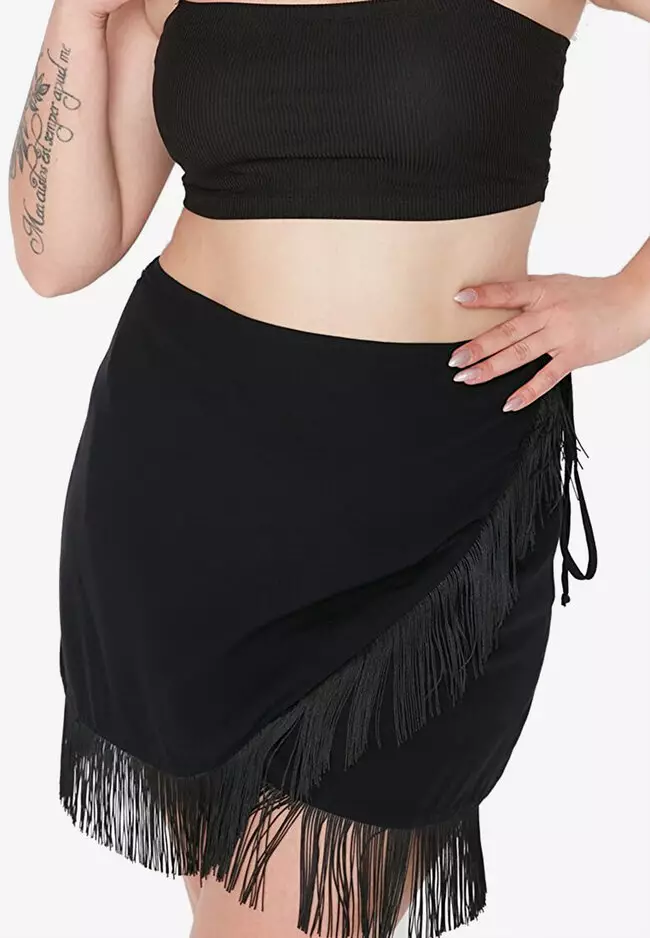 Plus size black fringe cheap skirt