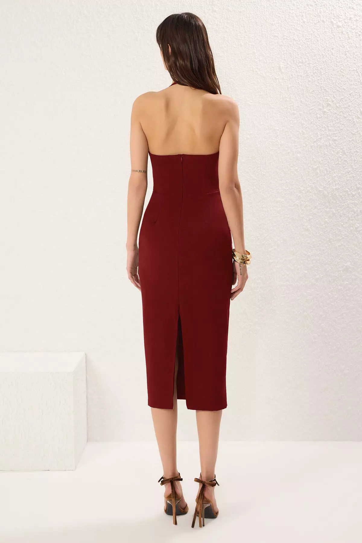Burgundy Accessory Detailed Woven Elegant Evening Night Graduation Dress