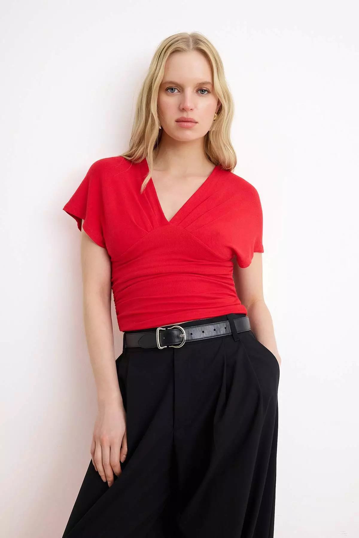 Red Fitted/Bodycon Shirred/Drape Detail Knitted Blouse Twoss25Bz65