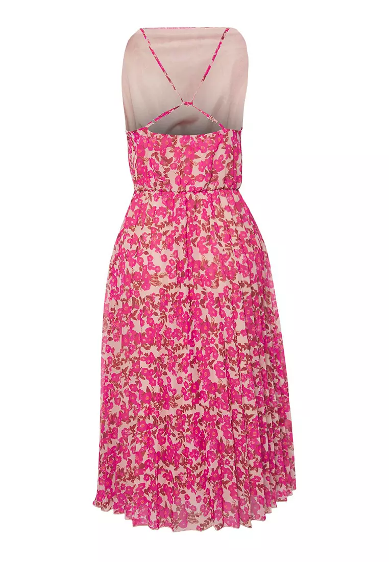 Pink Skirt Waist Open Floral Pleated Midi Woven Dress Twoss25El00581
