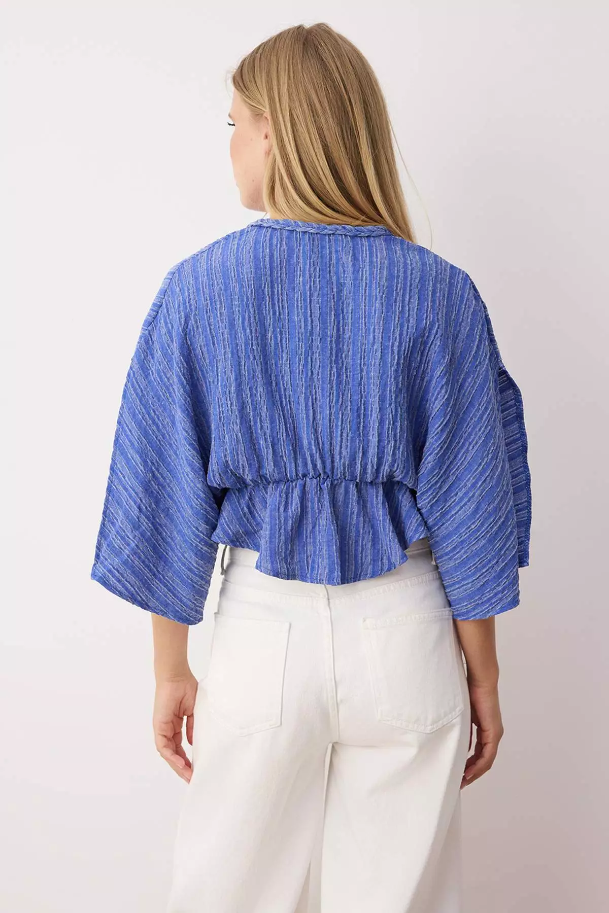 Blue Textured Flounced Blouse
