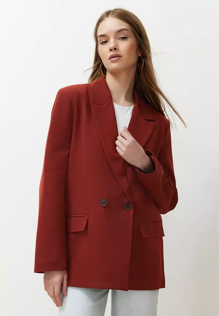 Burgundy Tile Oversize Straight Cut Basic Double-Breasted Woven Blazer Jacket Twoss24Bc28