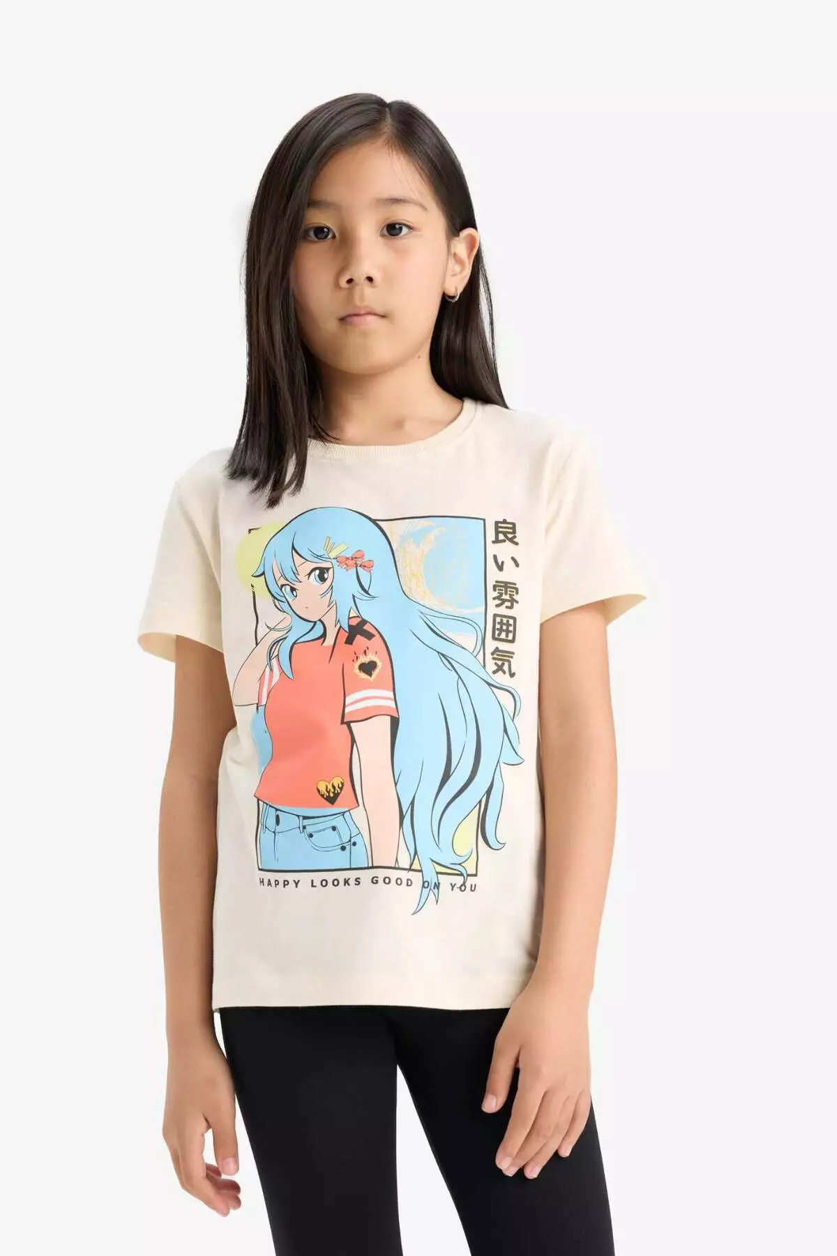 Girl's Crew Neck Anime Printed Short Sleeve T-Shirt E0350A825Sm