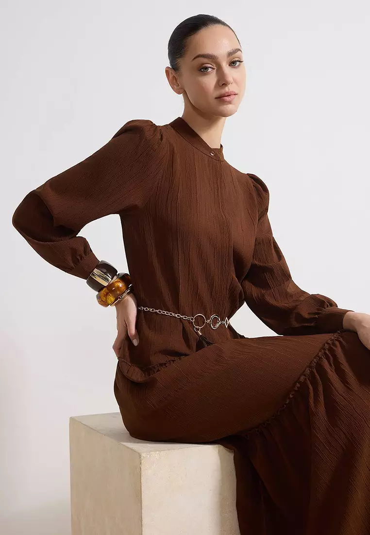 Brown Textured Fabric Chain Belt Detailed Woven Dress Tctss26Eb00034