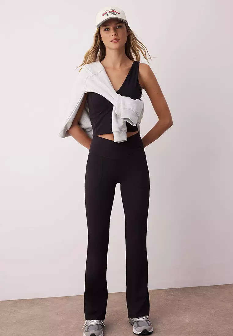 Black Soft Brushed Double Breasted Waist And Pocket Detail Spanish Leg Yoga Knitted Sports Leggings