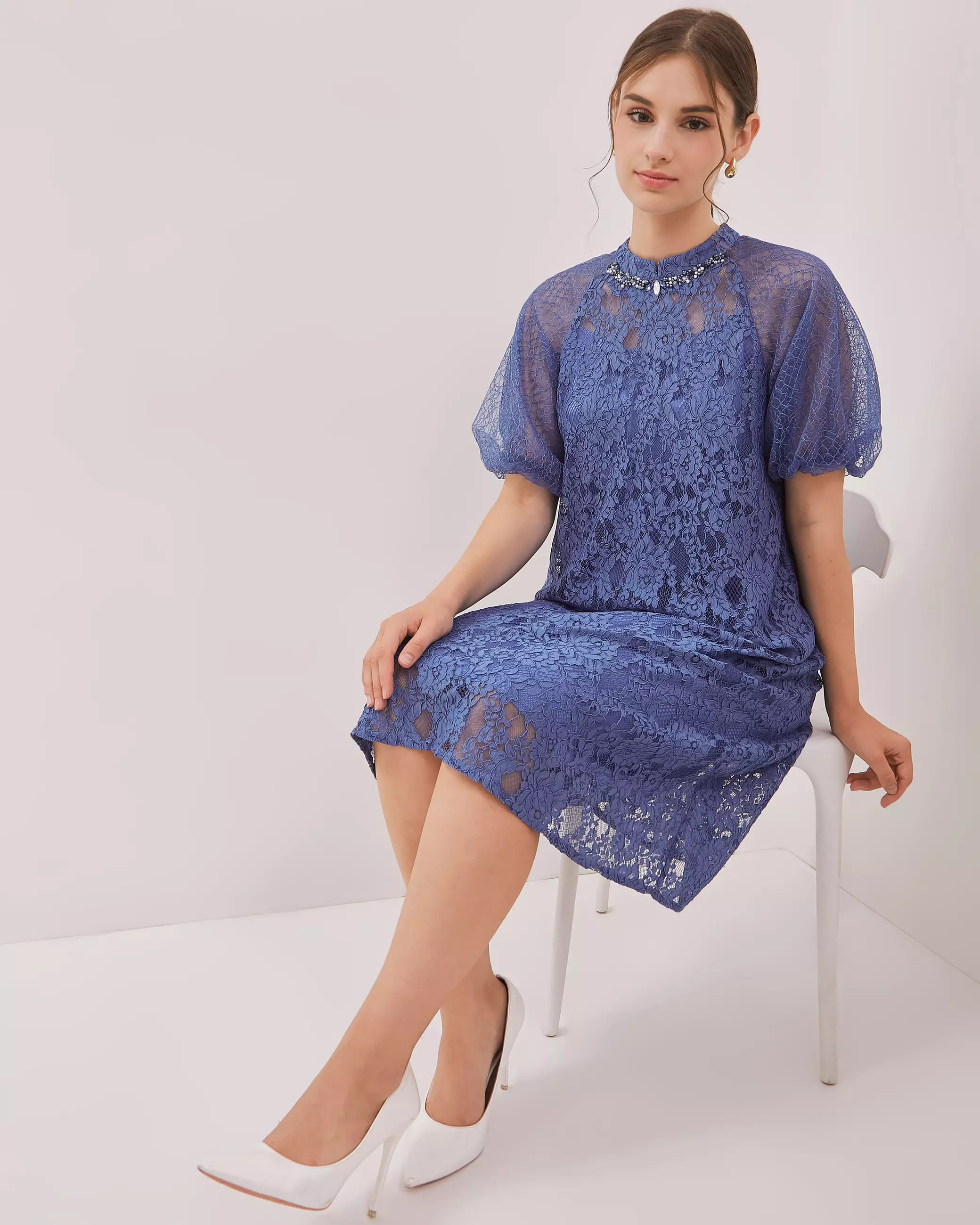 Urban Exchange Jane Dress Blue / Terusan Midi Dress Brokat Festive Natal Warna Blue