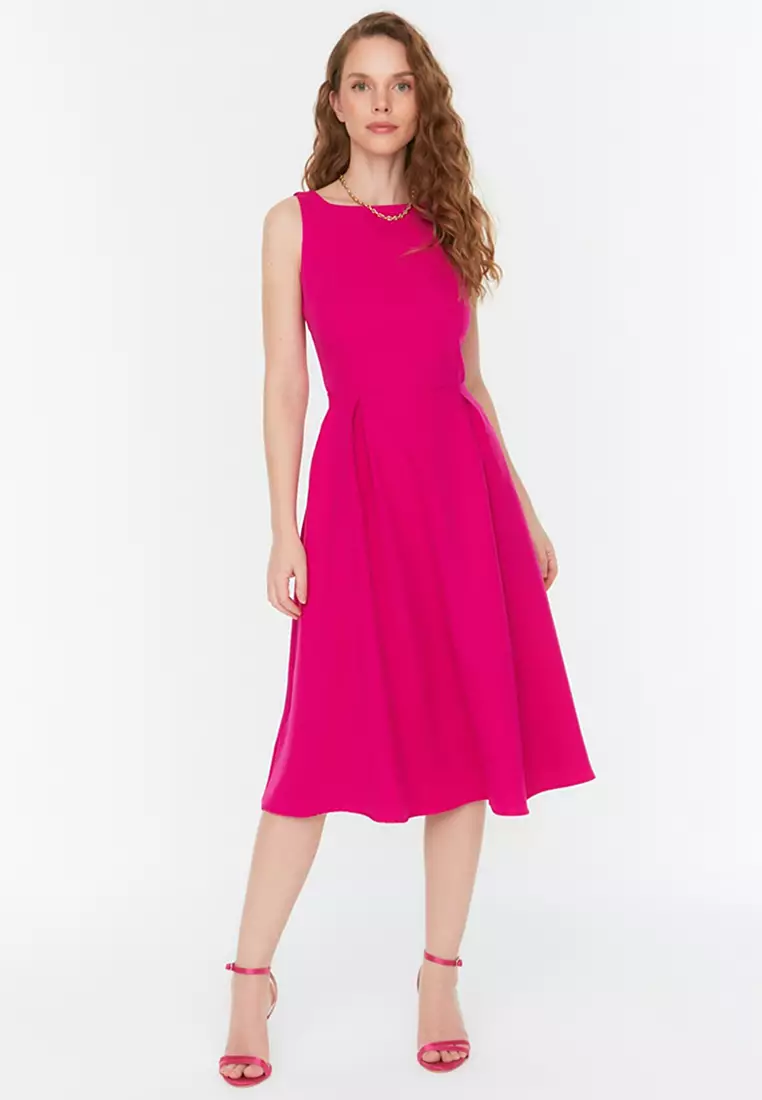 Women's Casual Boat Neck A-Line Midi Dress with Asymmetrical Hems