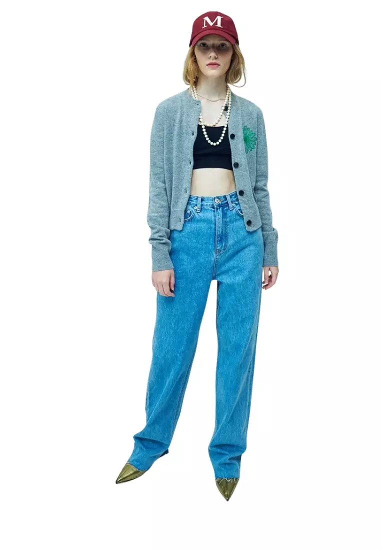 Cashmere Blended Cardigan Round Neck - Grey Green