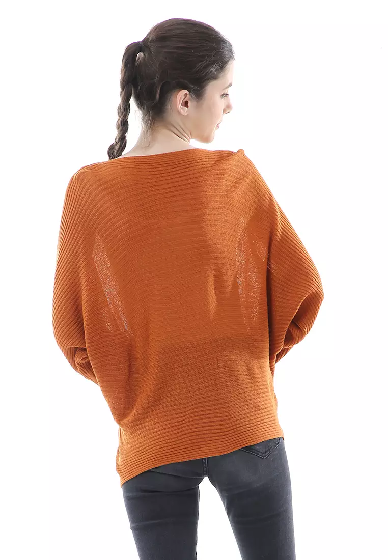 Eveline Sweater Rajut Batwing Atasan Wanita Motif Polos High Quality - Coral