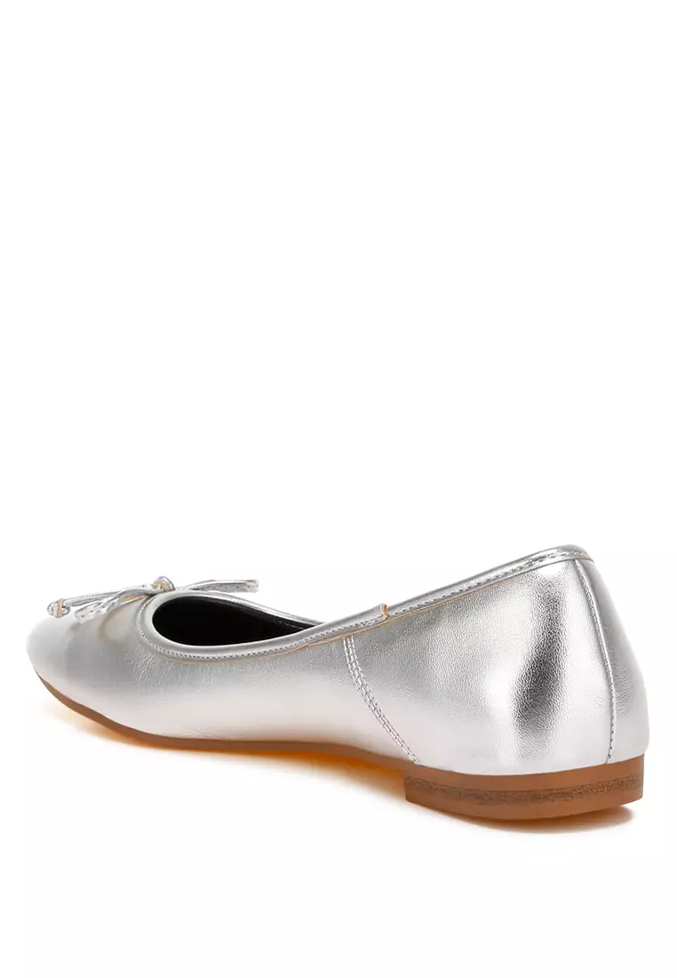Bow Detail Metallic Ballerinas in Silver