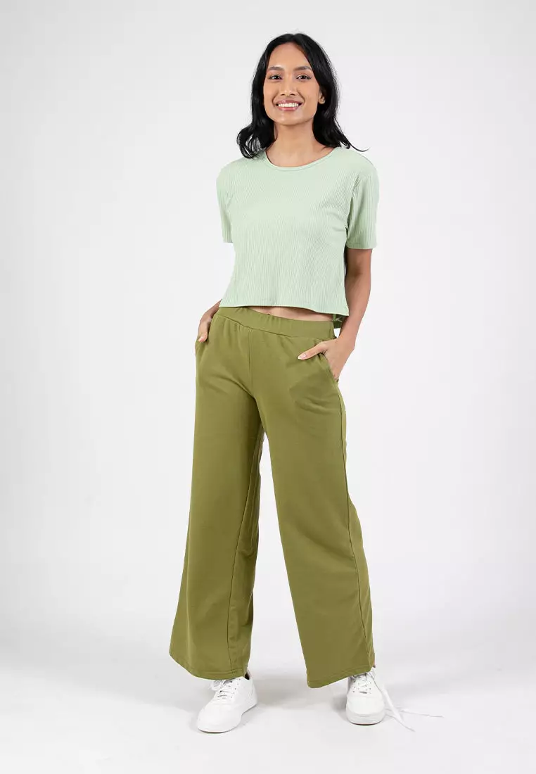 Forest Ladies Cotton Terry Wide Leg Pants Women Casual Long Pants - 810544-48Olive