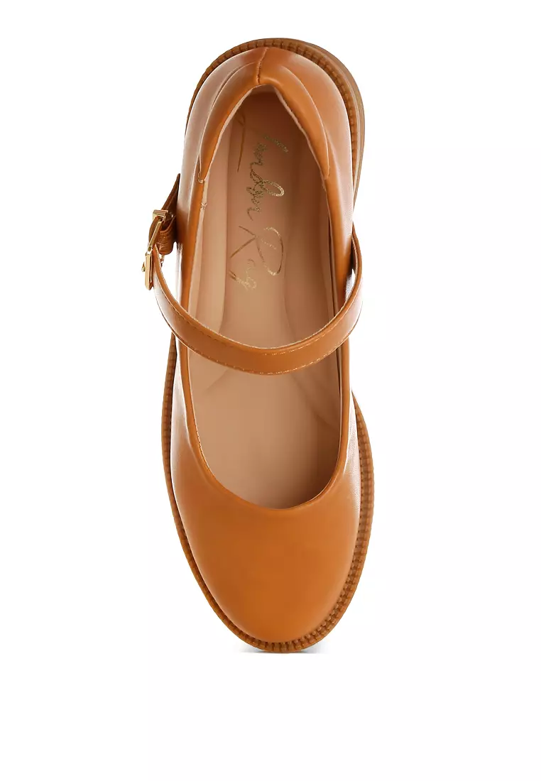 Sepatu Mary Jane Kulit Imitasi Warna Tan