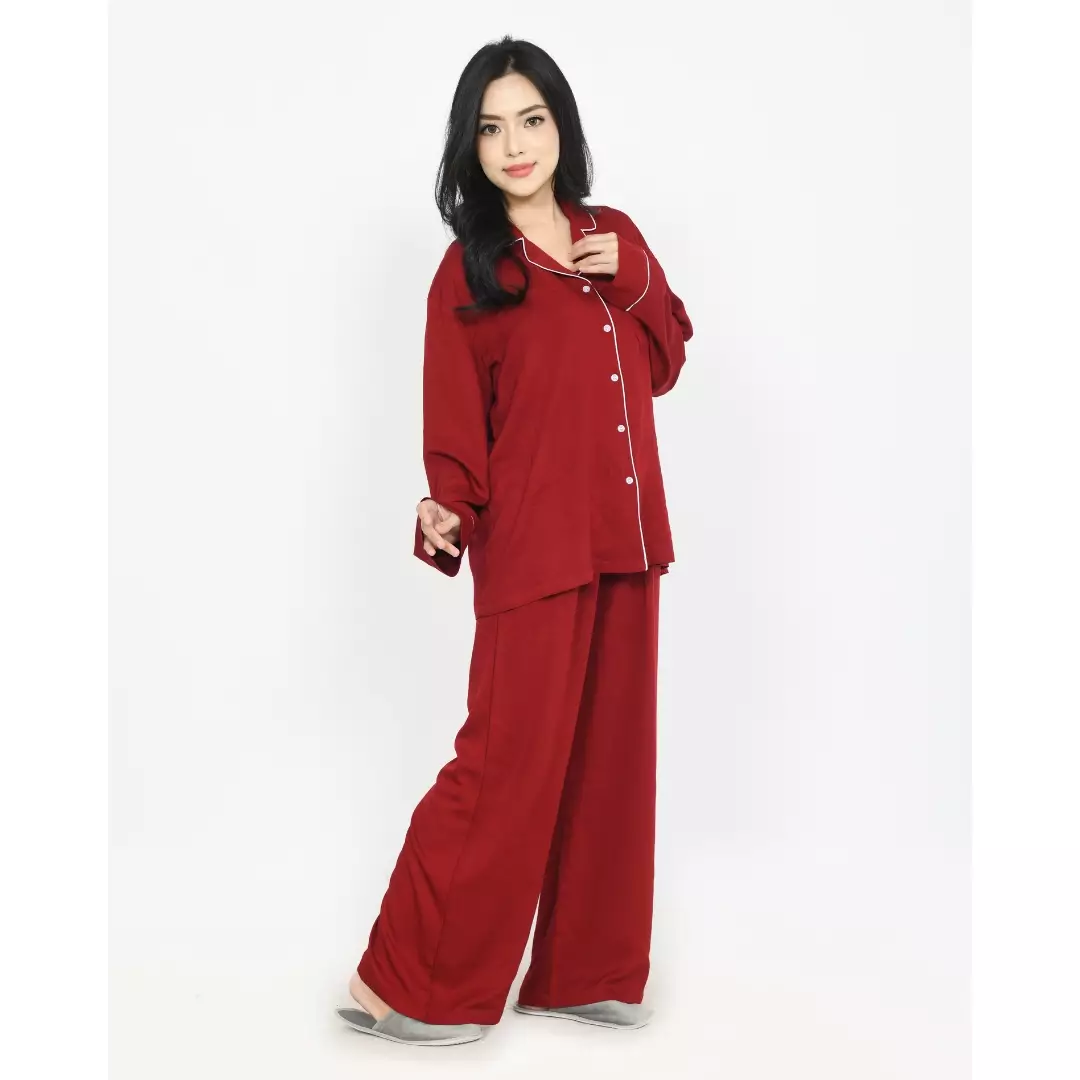 Piyama Serena Set MERAH - Setelan Baju Tidur Lengan Panjang Wanita Katun