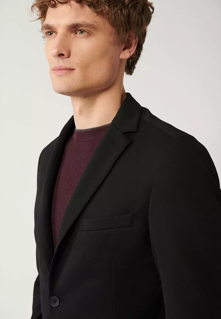 Men's Black Mono Collar Double Slit Unlined Knitted Jacket B004001