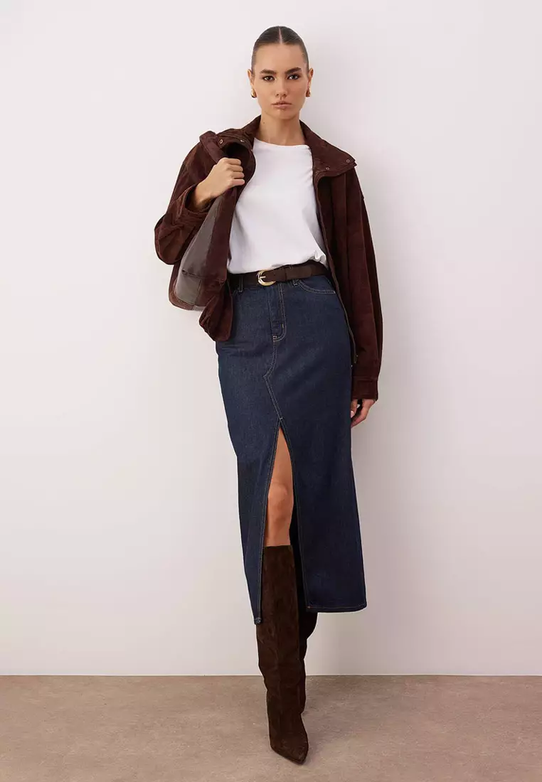 Dark Blue Slit Maxi Denim Skirt Twoaw26Et144