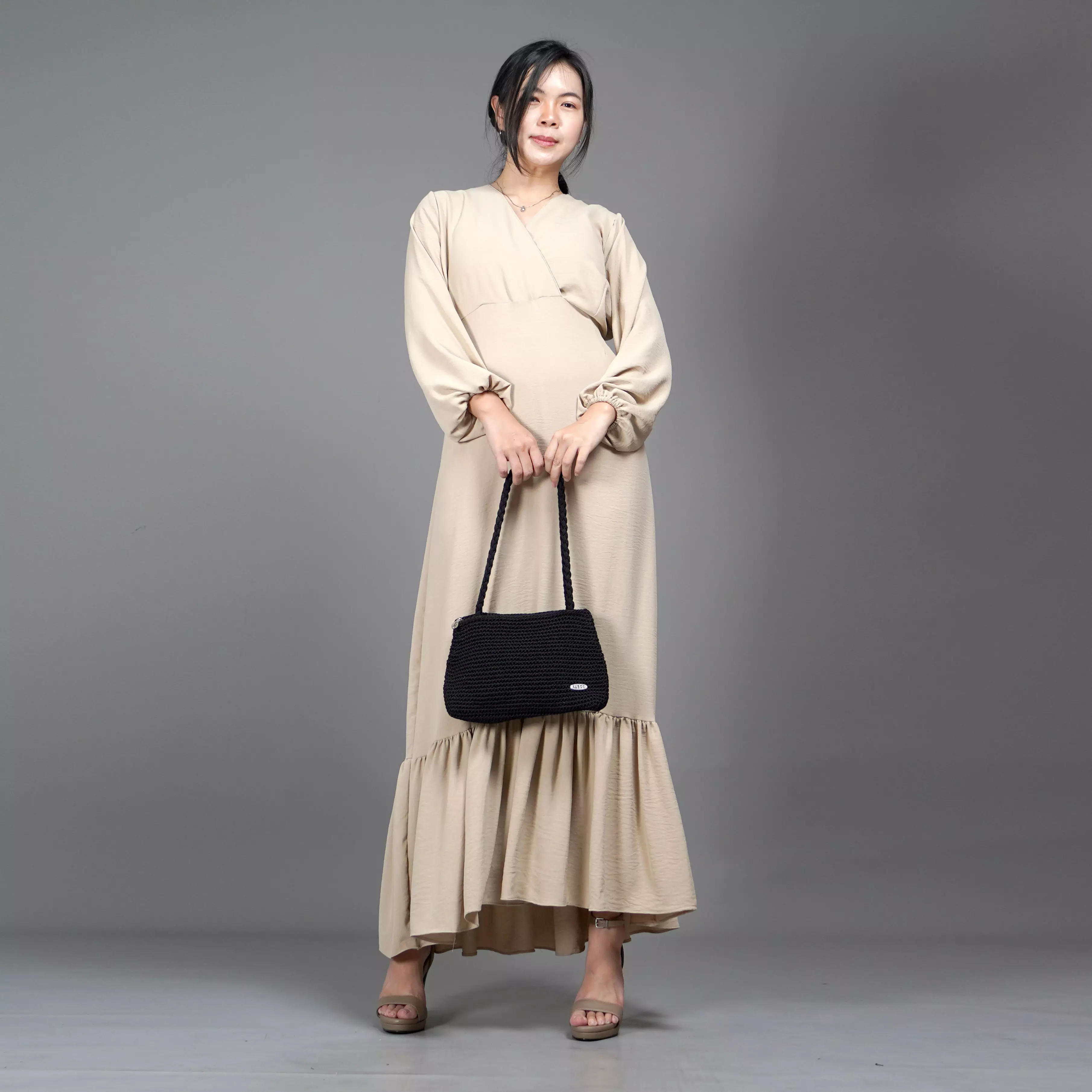  DRESS JULIA Long Dress Gaun Pesta Midi Dress Gaya Korea - Krem