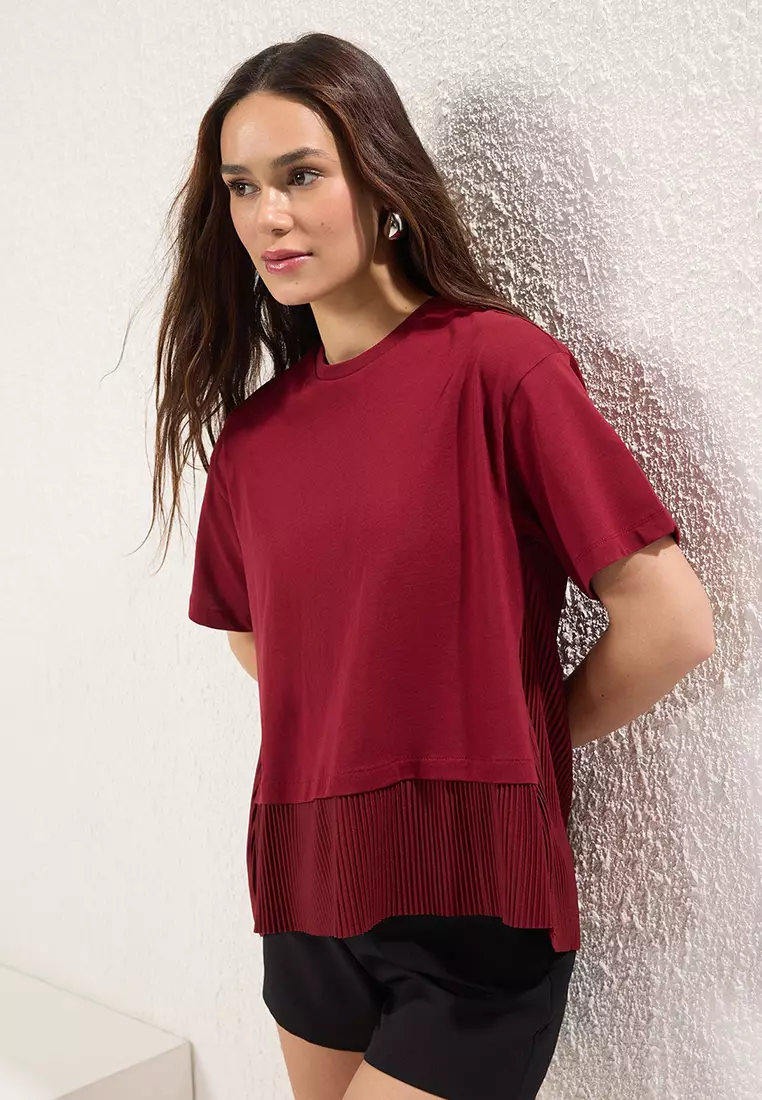 Claret Red Oversize/Wide Pattern Pleated Detailed Knitted Blouse TWOSS25BZ00466