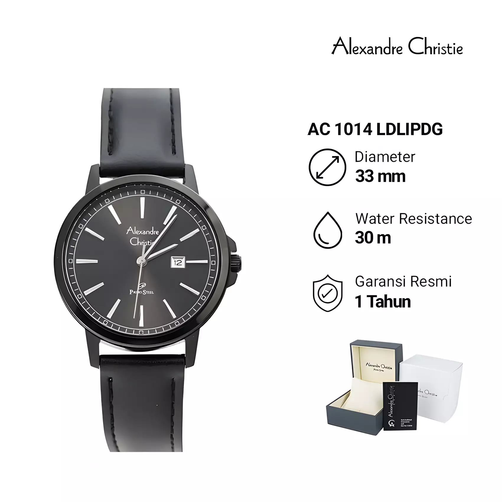 Alexandre Christie Primo Steel - Jam Tangan Couple Analog Pria Wanita - All Black - Leather Strap - 1014 MLDLIPDG