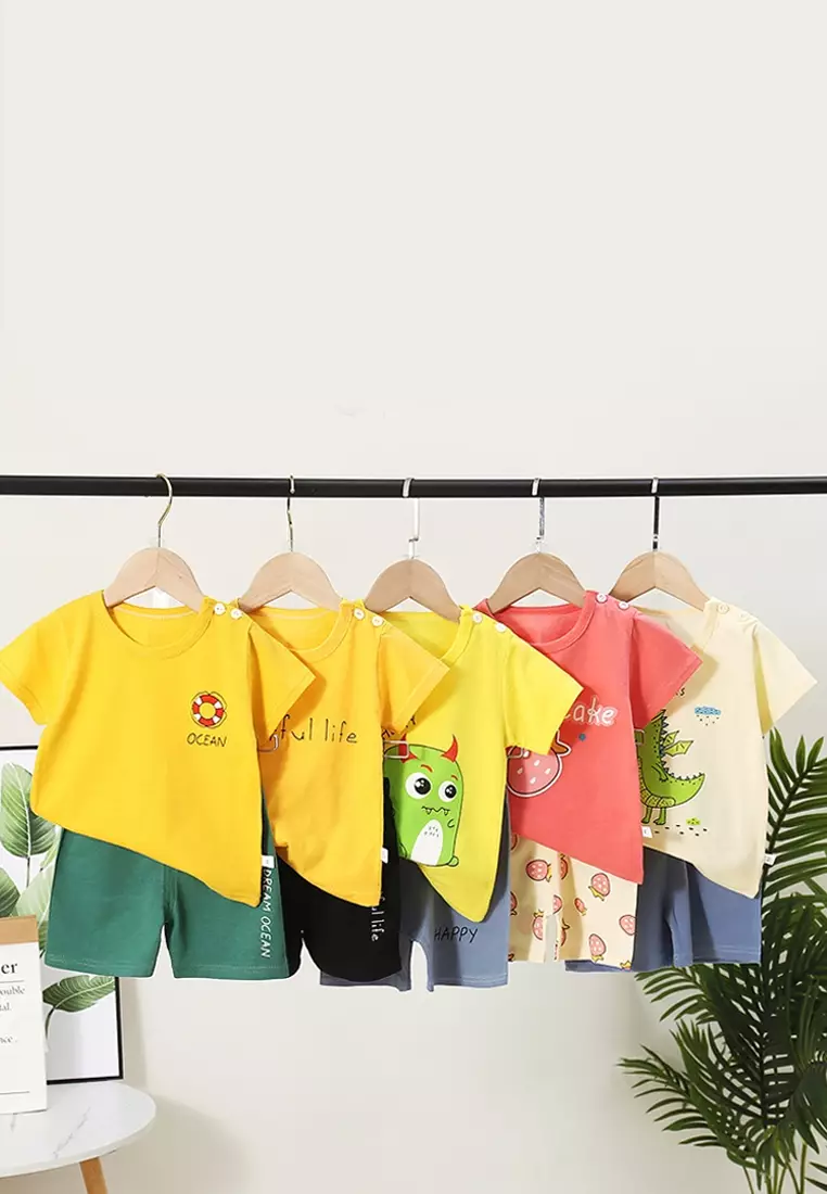 Setelan Bayi Baju Anak Laki Laki Oblong Lengan Pendek Set Celana Kaos Motif Lucu Happy Dino Import Venrz 4313
