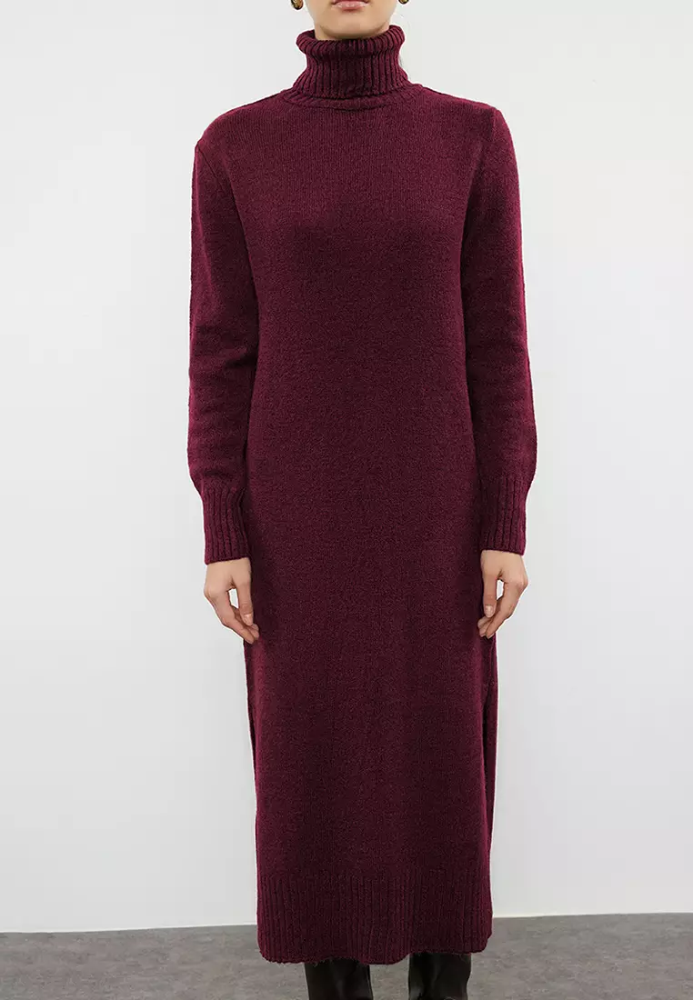 Burgundy Midi Wide Fit Soft Texture Knitwear Dress