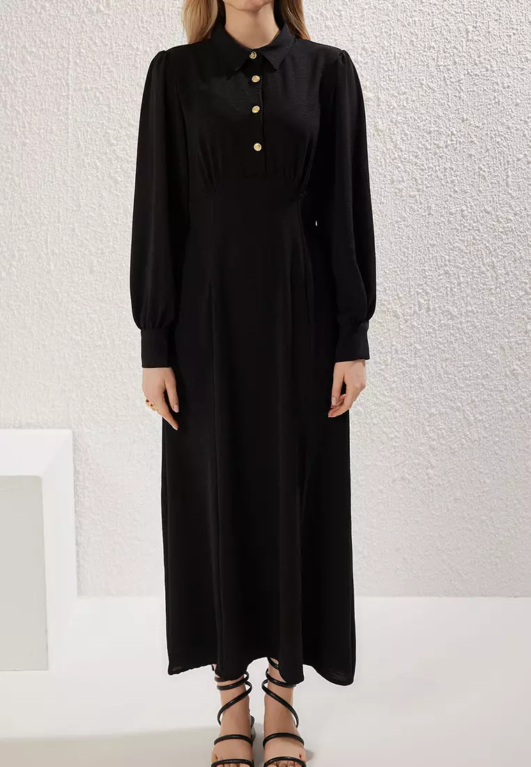 Black Shirt Collar Waist-Sit Woven Dress Tctss25Eb00057