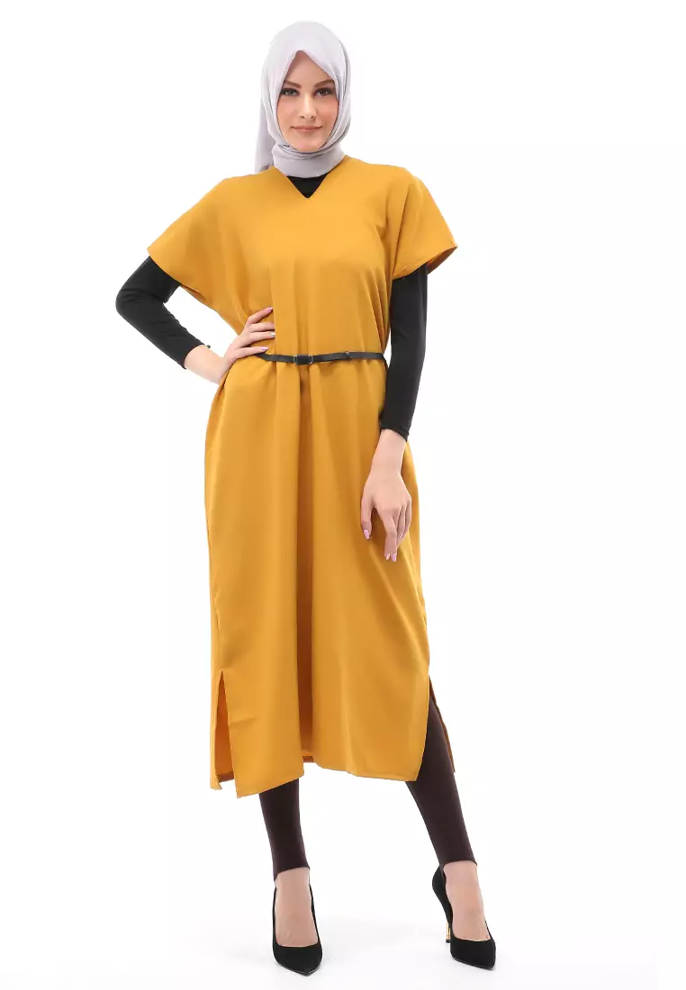 Priska Tunik Muslimah Polos Atasan Wanita Free Belt & Inner High Quality - Mustard