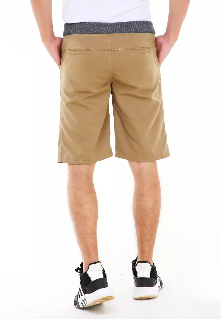 Rishham Celana Pendek Pria Polos Elastic Rubber Casual Short Pants Material Cotton ORIGINAL - Mocca
