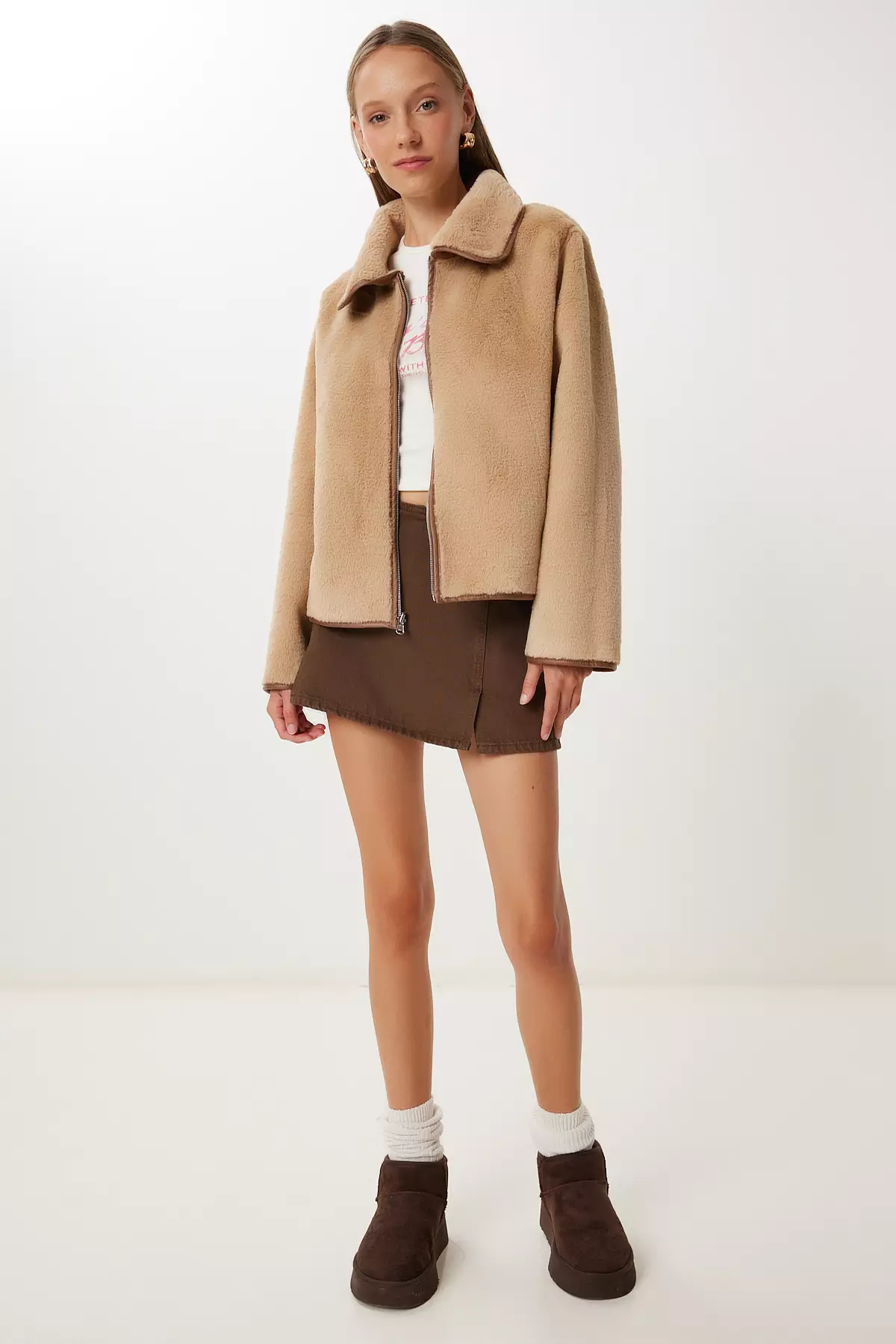 Women's Biscuit Brown Double Sided Polo Collar Jacket Kt00015