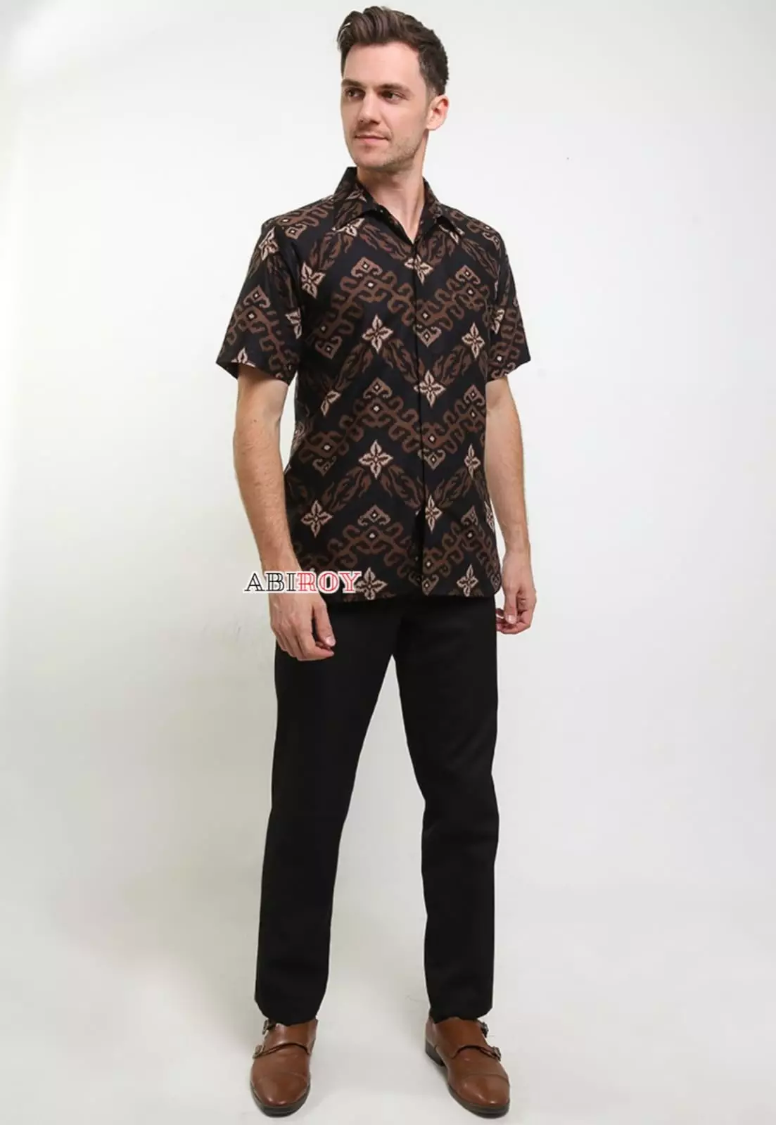 Kemeja Batik Pria Premium Slimfit Elegant Modern Lengan Pendek Songket Coklat