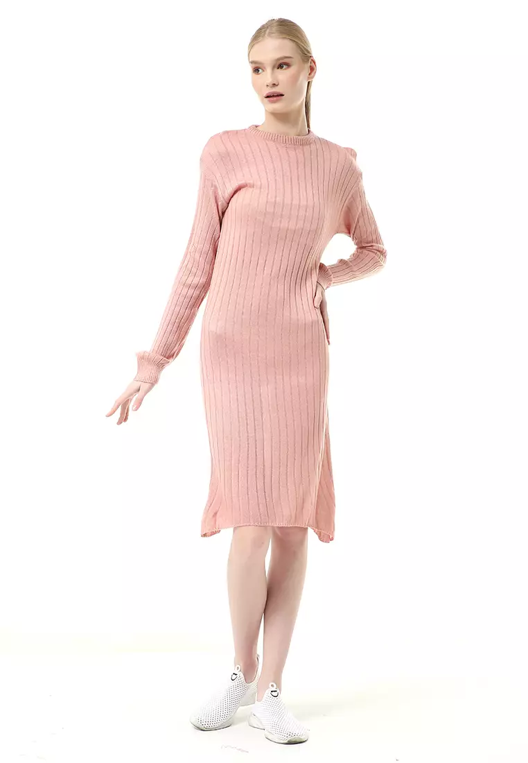 Adela Dress Rajut Tunik Wanita Motif Polos Long Sleeve Relaxed Fit - Dusty