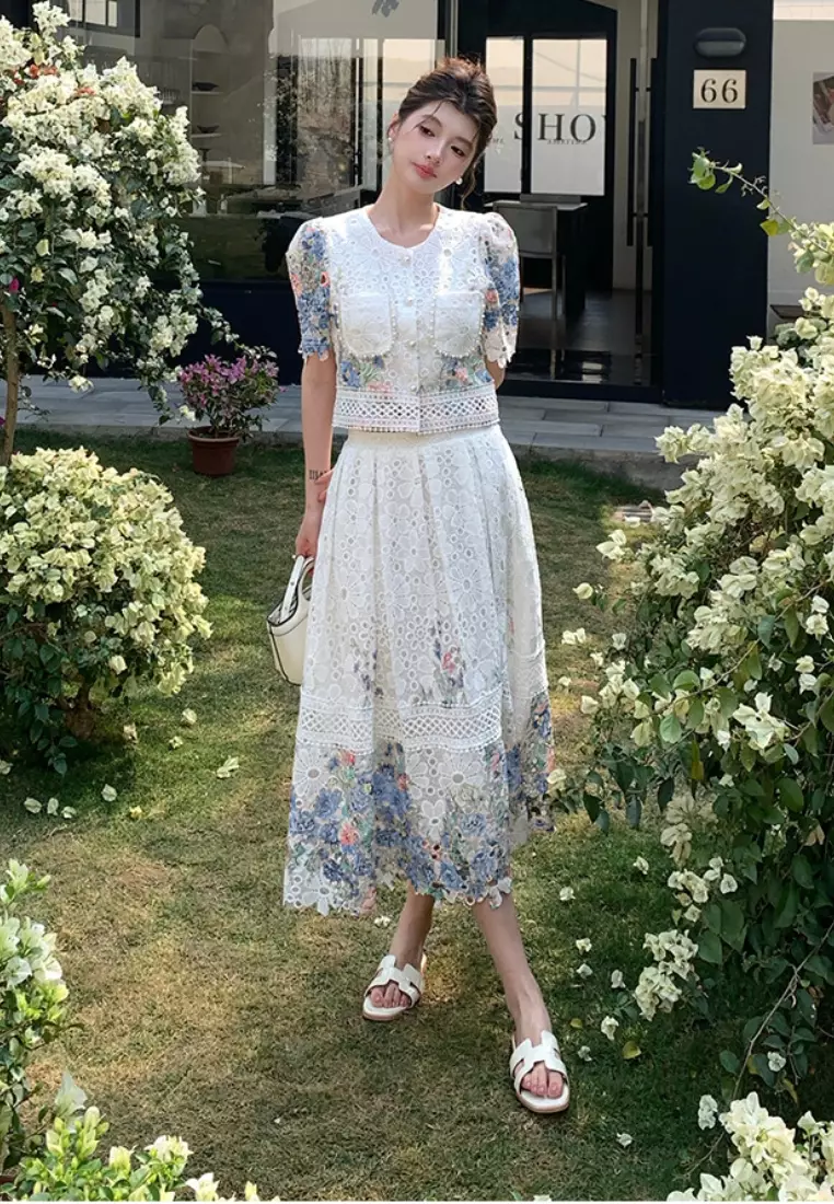 優雅蕾絲刺繡上衣修身裙子套裝CA26033021BL