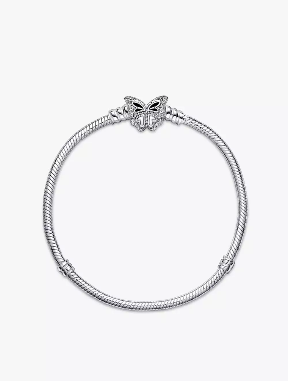Snake chain sterling silver bracelet with butterfly clasp with clear cubic zirconia