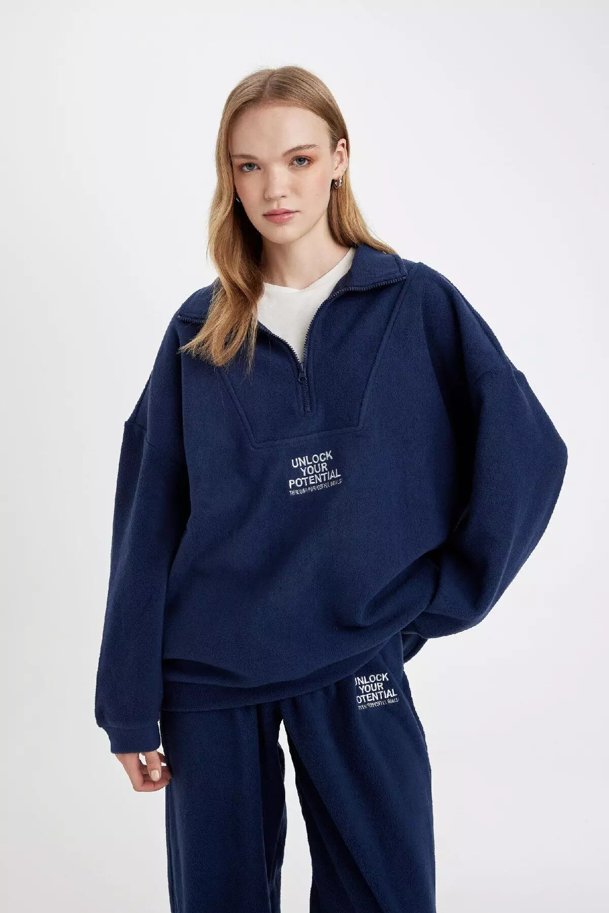 Zippered Embroidered Fleece Sweatshirt