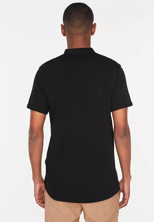 Slim Fit Straight Collar Short Sleeves Pique Shirt