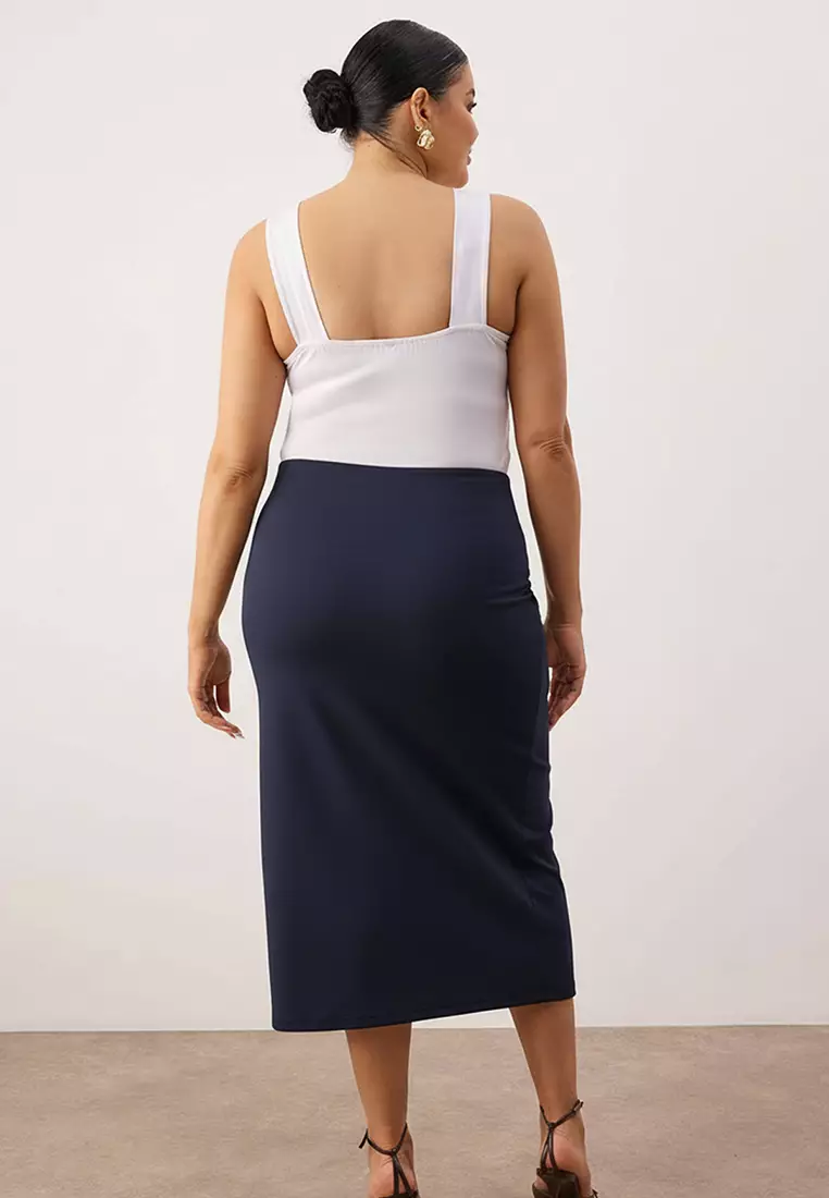 Navy Blue Slit Detailed Knitted Stretch Fabric Plus Size Midi Skirt Tbbaw26Az00023