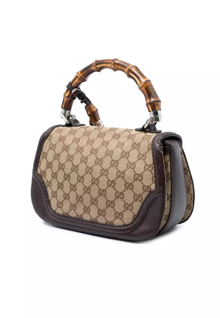 Pre-Loved Gucci Medium Gg Canvas New Bamboo Top Handle Bag