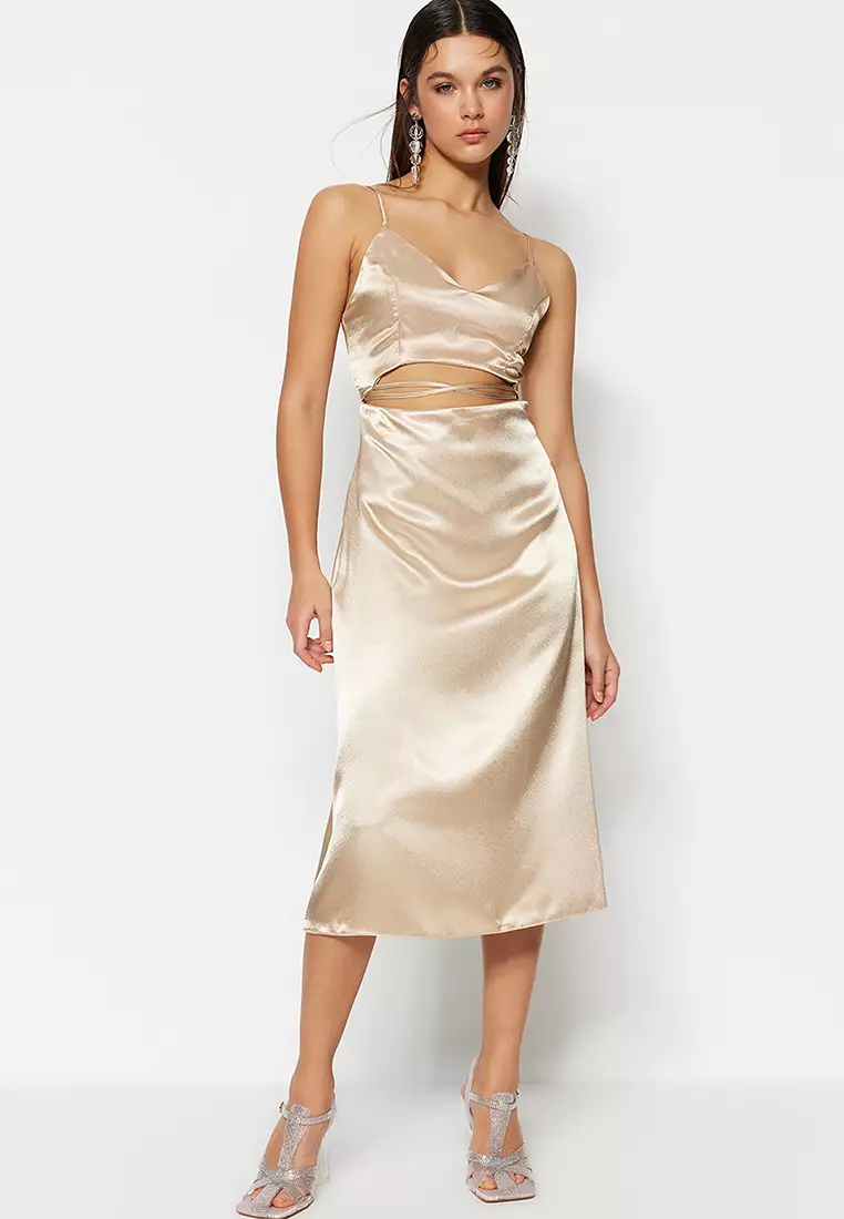 Strappy satin midi sales dress