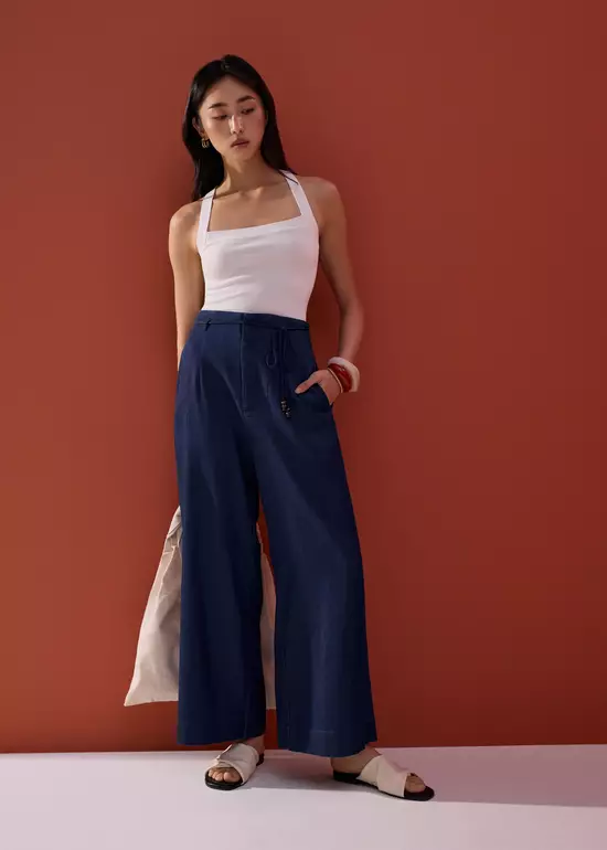 Celana Panjang Wanita - Detachable Sash Chambray Straight Leg Ankle Length Pants