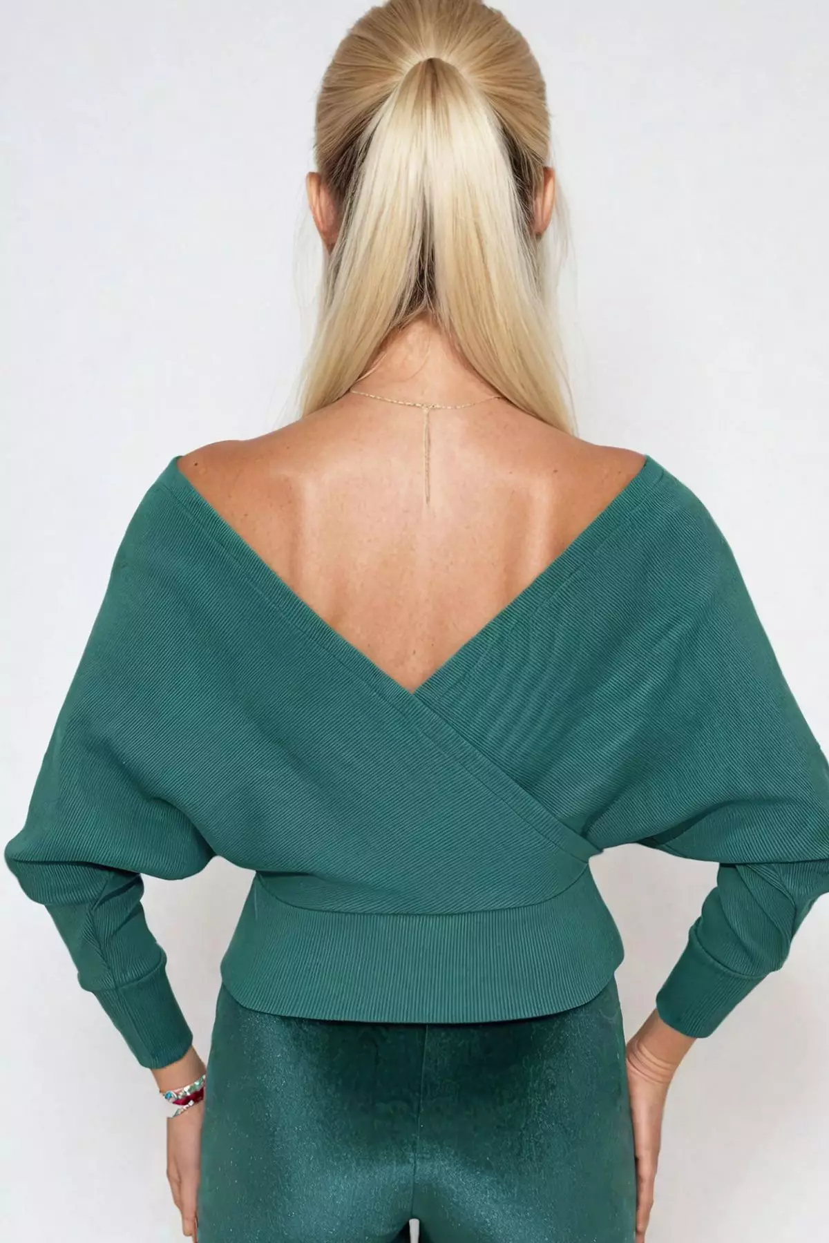 Women's Dark Green Front Back V-Neck Double Breasted Blouse