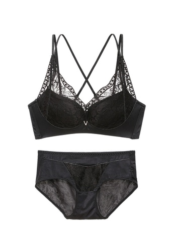 ZITIQUE black Women's Spring-summer Double Thin Straps Cross-back Lace Lingerie Set (Bra and Underwear) - Black CFD95USB5788B6GS_1