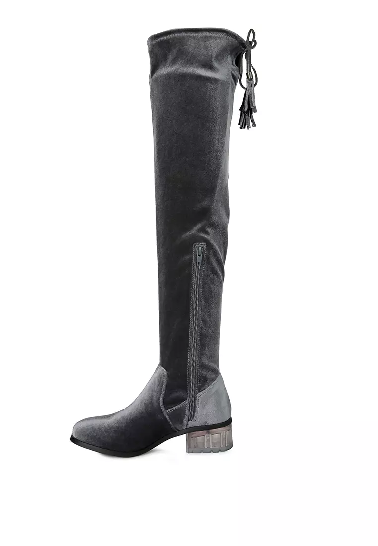 Buy London Rag Grey Velvet Knee High Clear Heel Boots 2024 Online