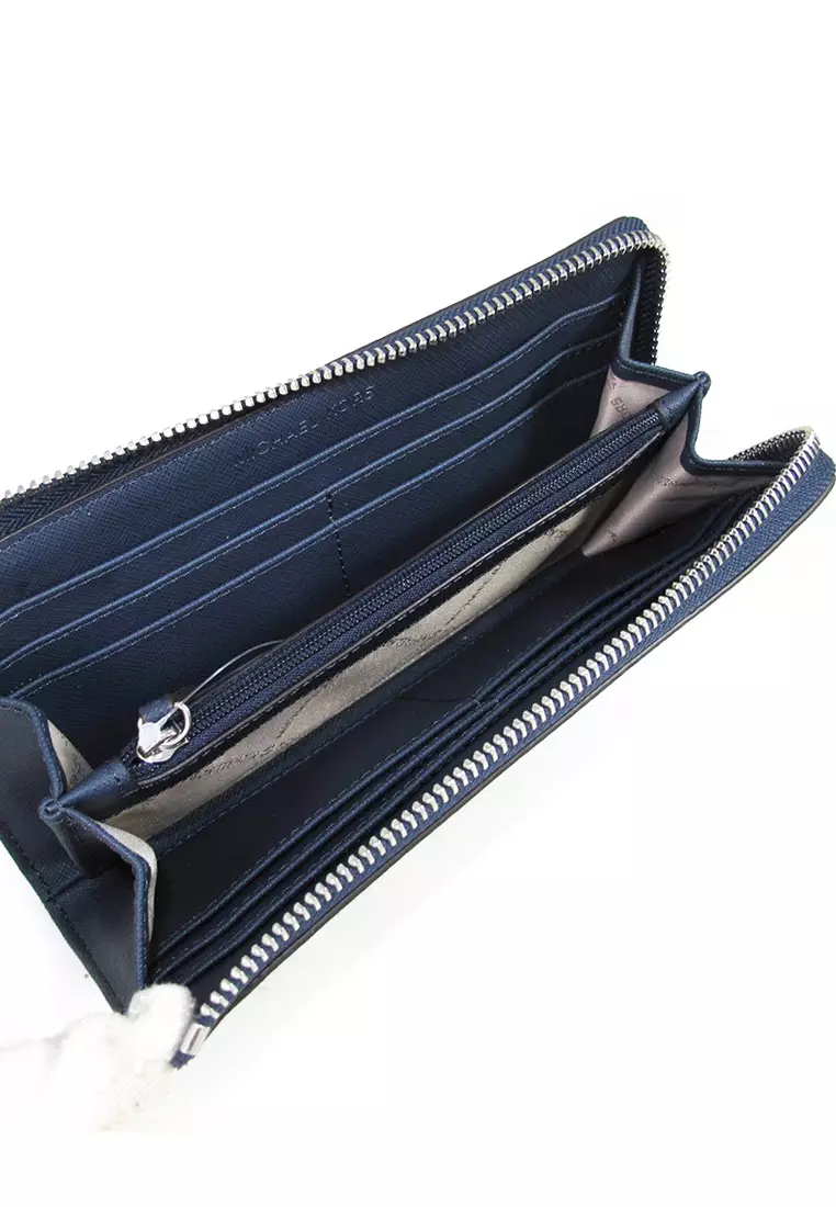 Jet Set Travel Large Saffiano Leather Quarter Zip Wallet - Navy