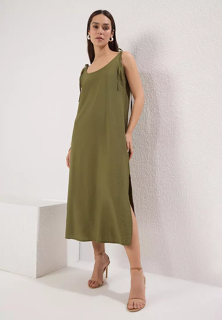 Khaki Straight Cut Slit Strap Midi Woven Dress TWOSS23EL00413