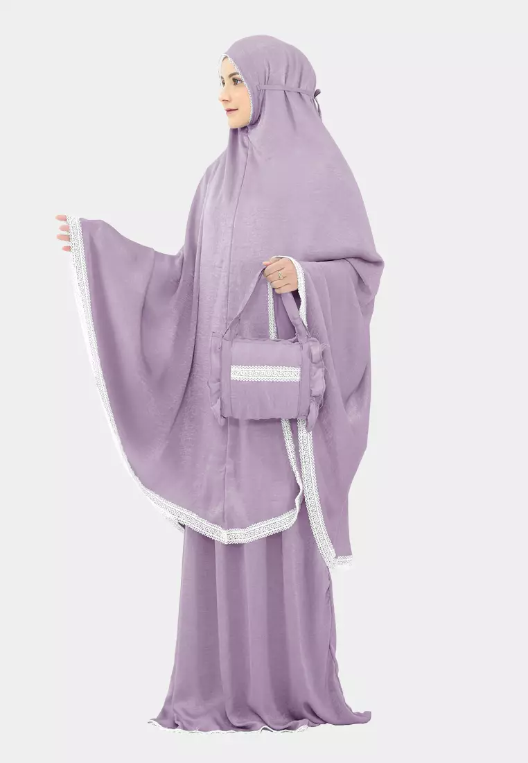 Cotton Bee - Jemia Prayer Set 2in1 | Mukena Dewasa Renda Resleting - Glam Purple