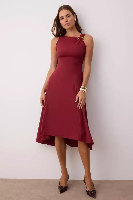 Burgundy Plain Accessory Detailed Midi Woven Dress