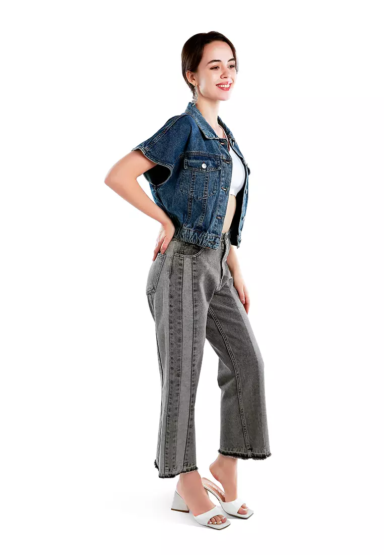 Mid-Blue Drop Shoulder Sleeves Cropped Denim Vest